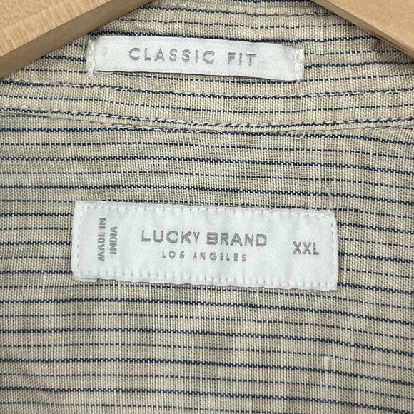 LUCKY BRAND Shirt Mens 2XL Striped Short Sleeve Classic Utility Button Up Beige - Picture 5 of 12